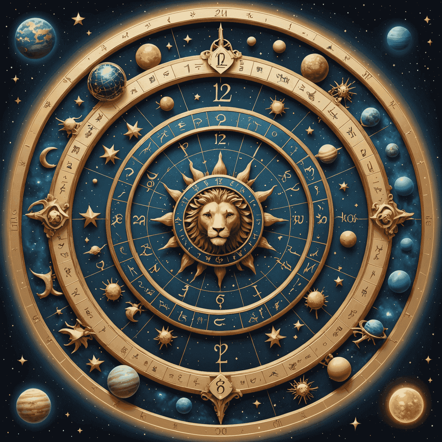 Ilustracja przedstawiająca koło zodiaku z 12 znakami, otoczone gwiazdami i planetami. Każdy znak zodiaku jest wyraźnie zaznaczony i emanuje delikatnym światłem.