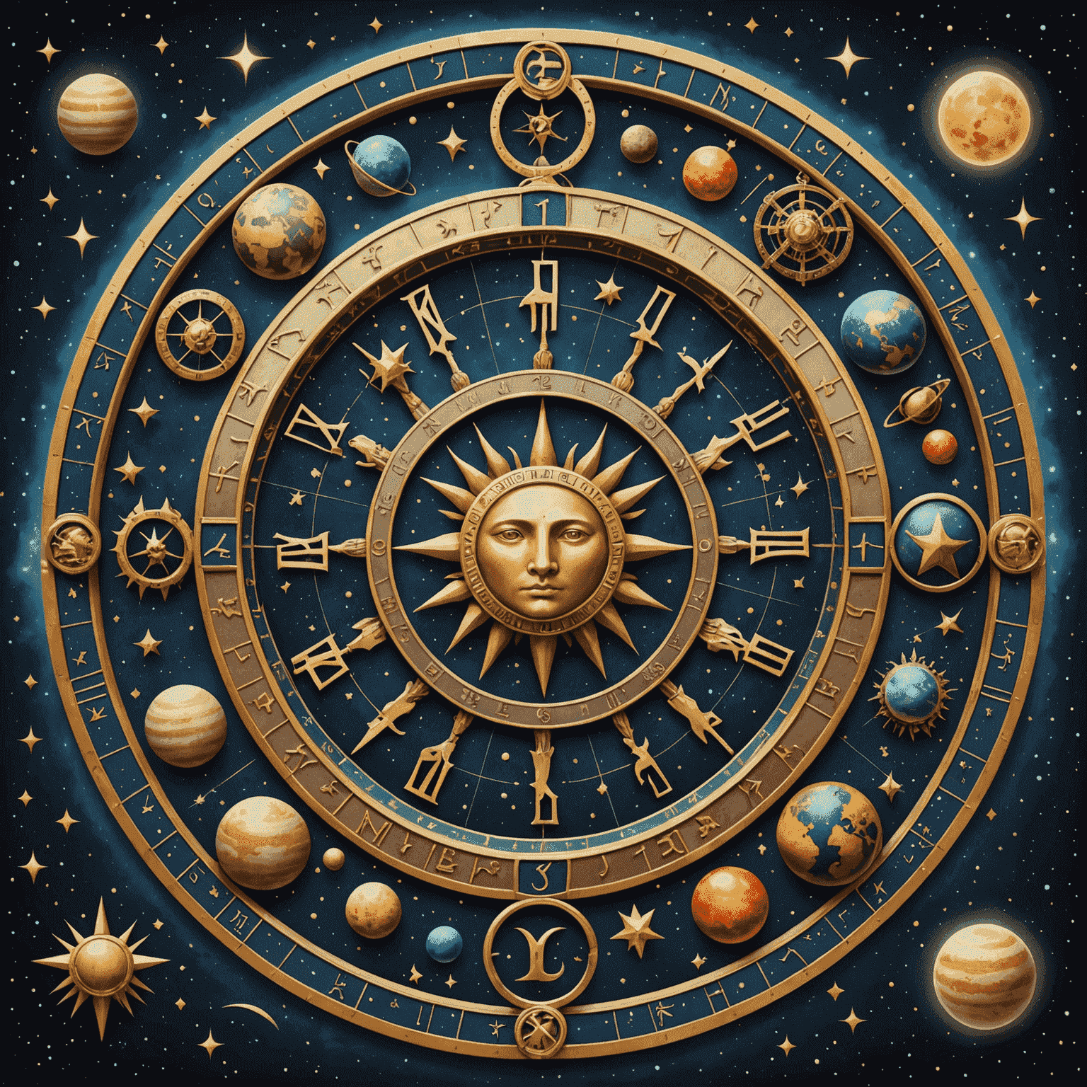 Ilustracja przedstawiająca koło zodiaku z symbolami wszystkich znaków, otoczone gwiazdami i planetami