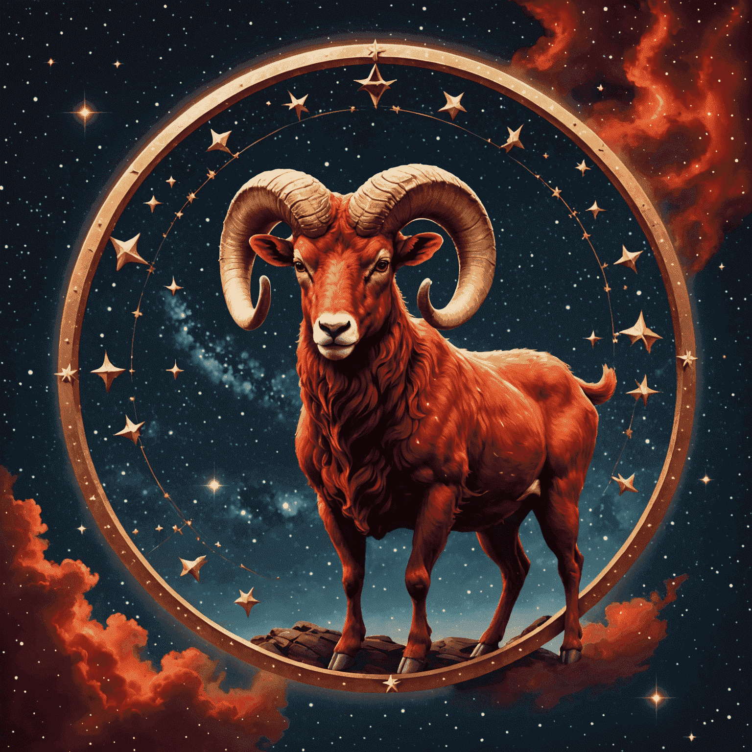 Ilustracja przedstawiająca znak zodiaku Baran - dynamiczny, czerwony baran z zakrzywionymi rogami na tle gwiezdnego nieba