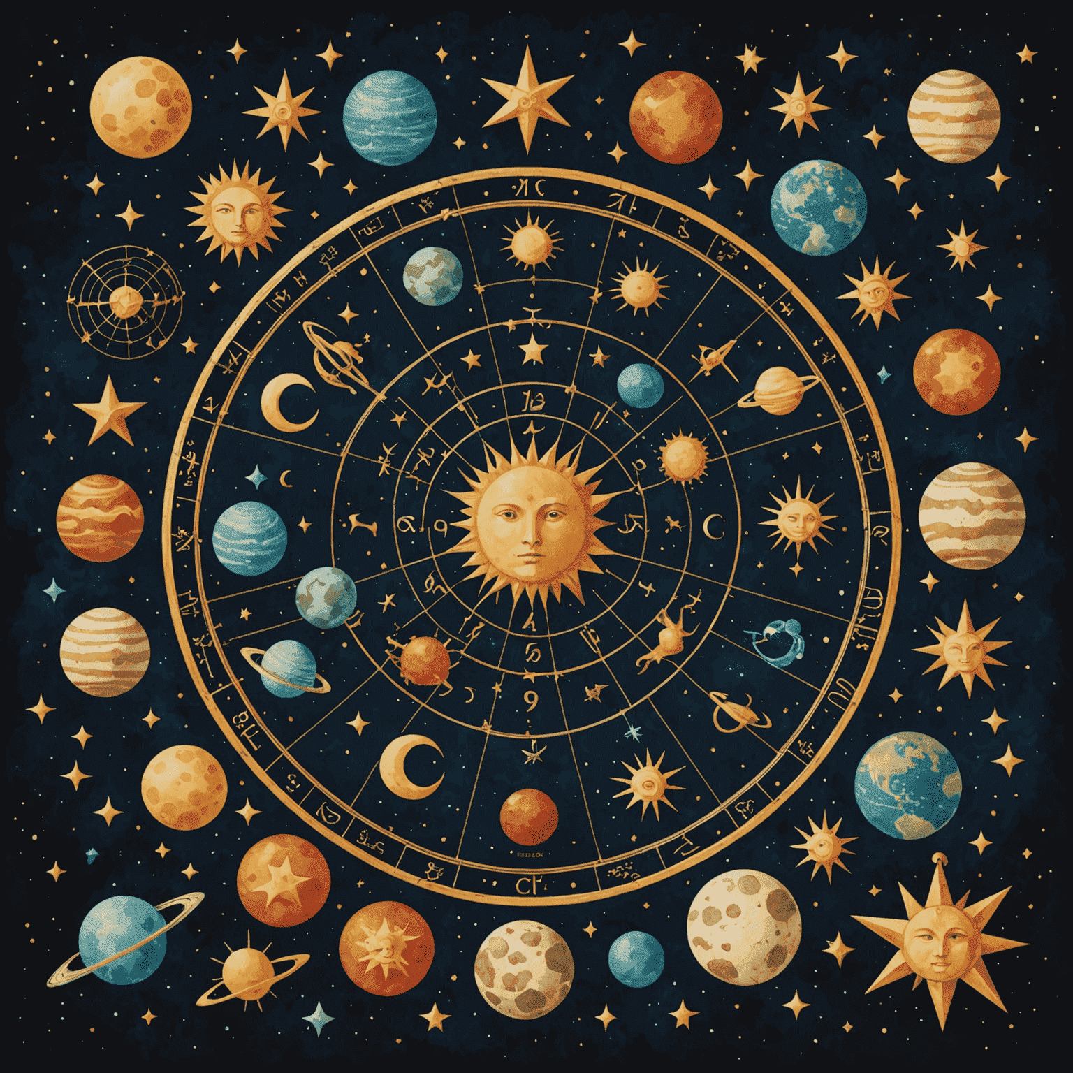 Kolaż przedstawiający różne znaki zodiaku otoczone gwiazdami i planetami, symbolizujący praktyczne zastosowanie astrologii w codziennym życiu