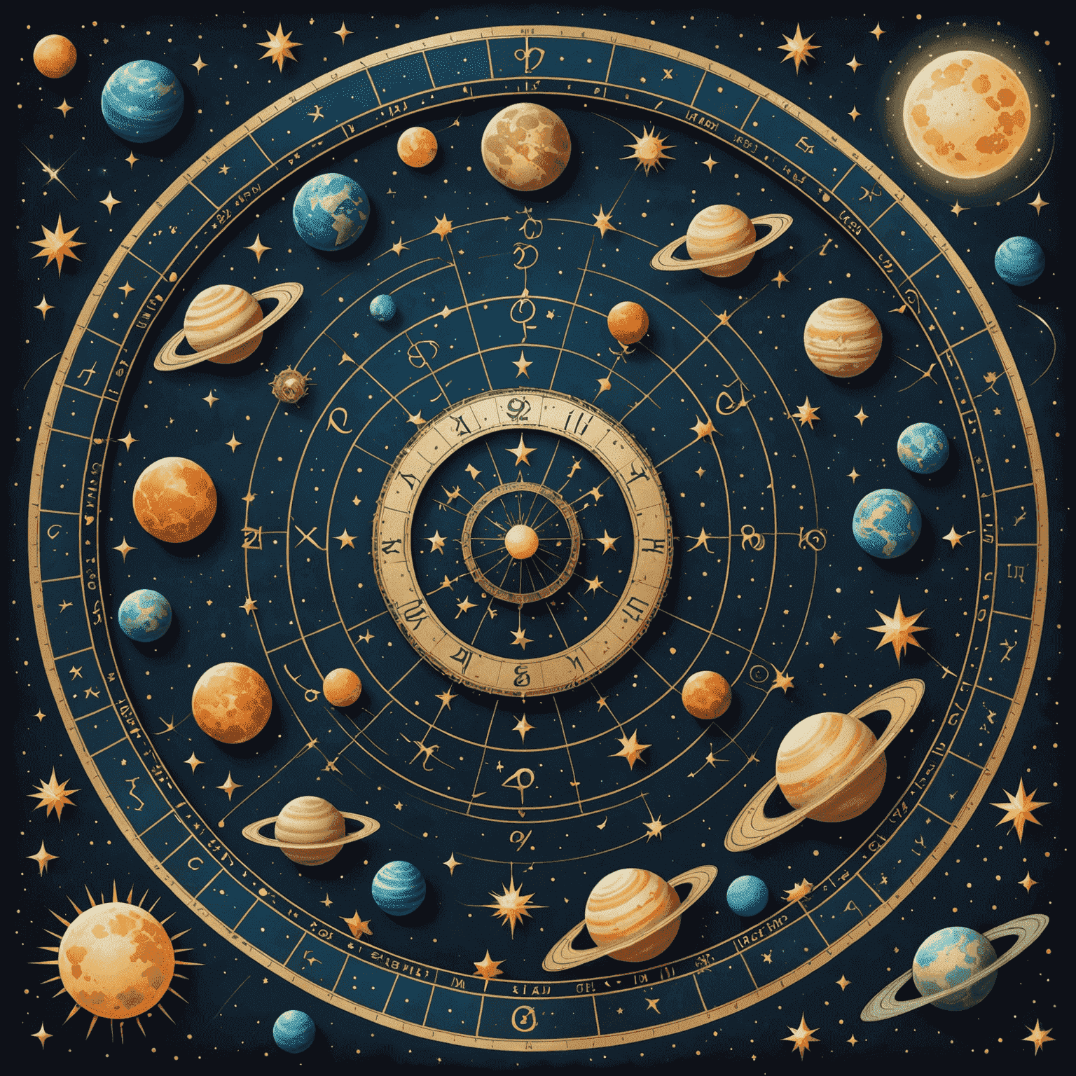 Mistyczna ilustracja przedstawiająca znaki zodiaku otaczające gwiaździste niebo z planetami i konstelacjami