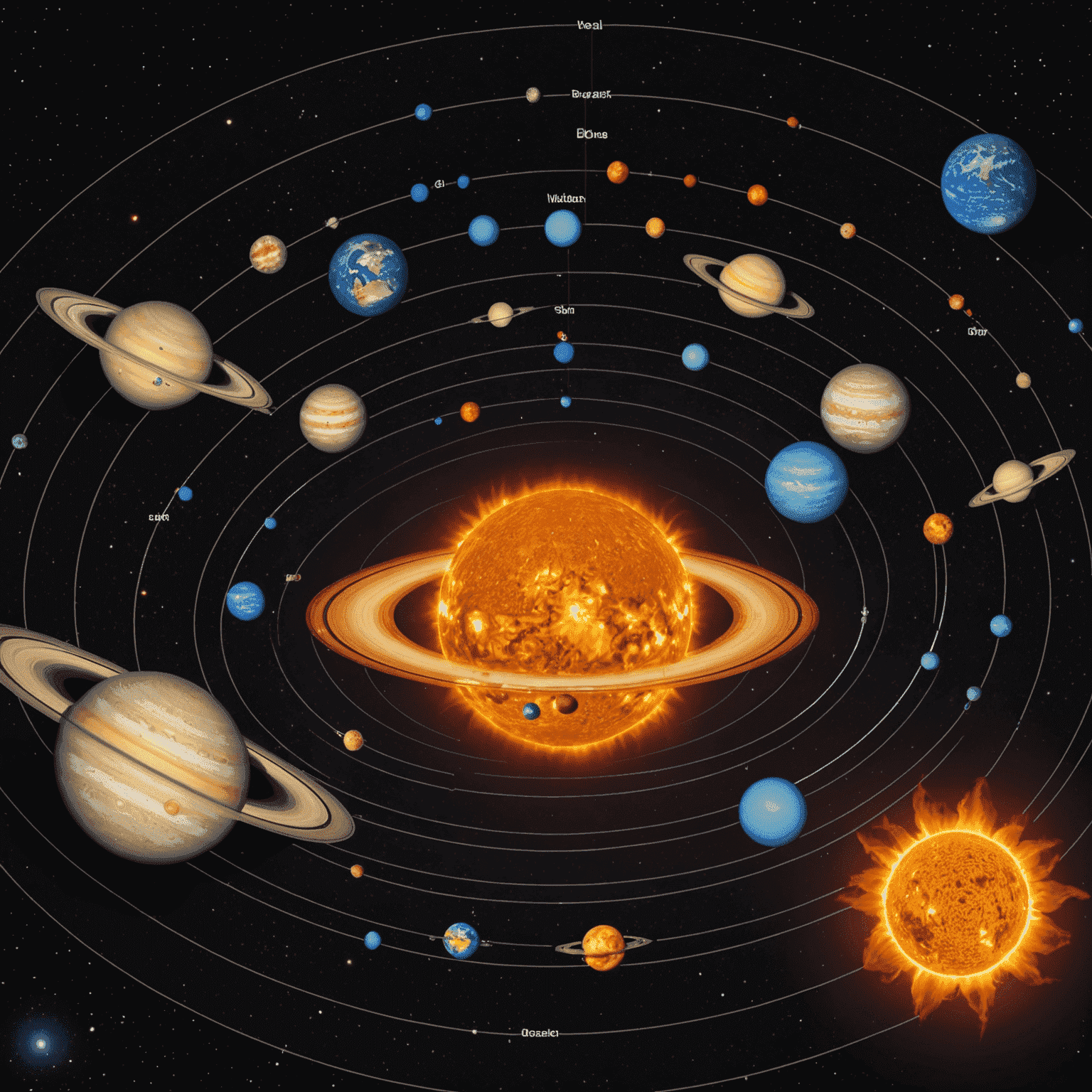 Obraz przedstawiający układ słoneczny z wyraźnie widocznymi orbitami planet. Każda planeta emanuje unikalną aurą, symbolizującą jej wpływ na życie ludzi.