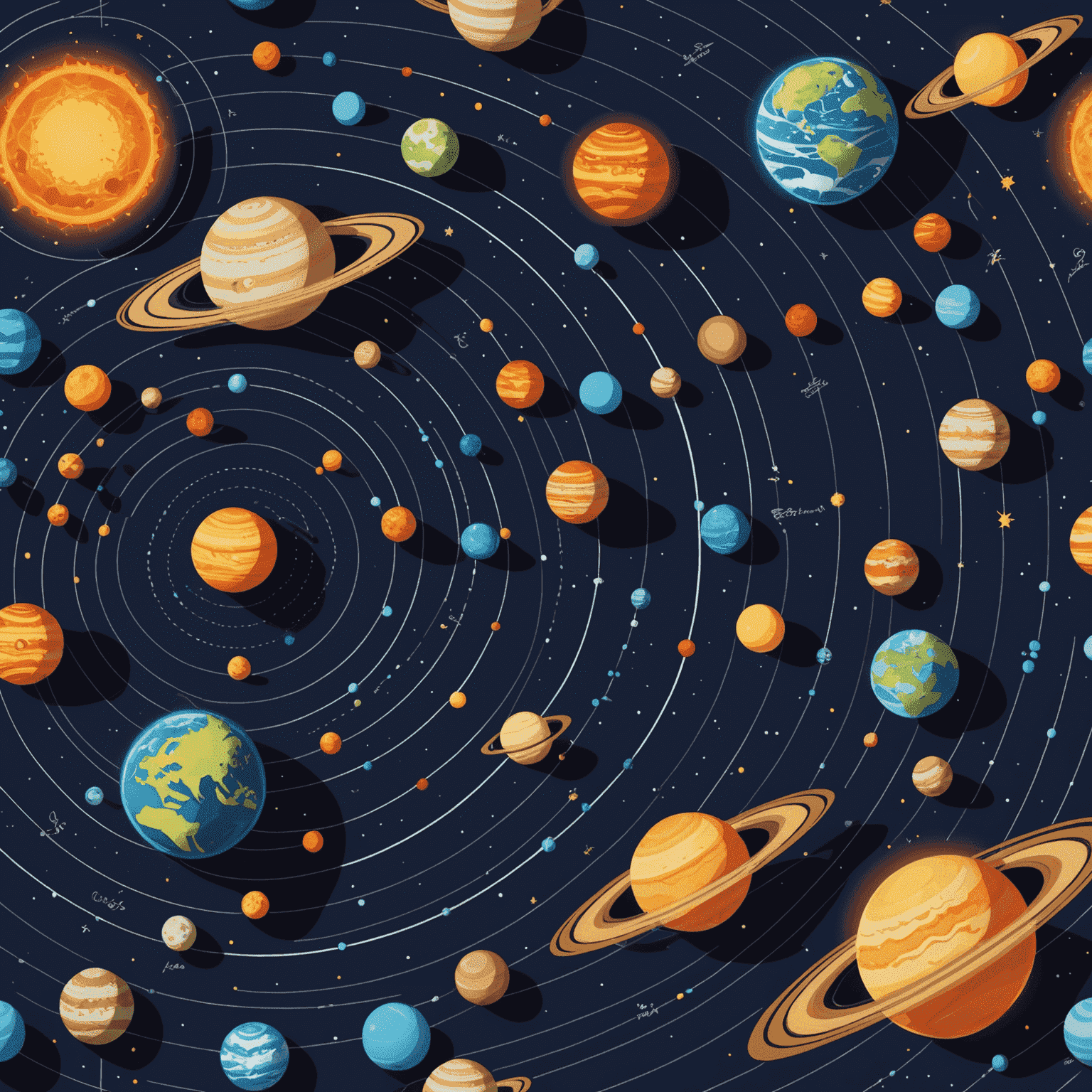 Ilustracja układu słonecznego z zaznaczonymi orbitami planet, każda planeta jest otoczona symboliczną aurą reprezentującą jej wpływ na zdrowie. Kolory to głęboki granat tła z jasnymi, świecącymi planetami.